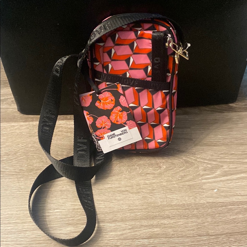 Diane Von Furstenberg Pink and Black Crossbody Bag with Glossy Finish